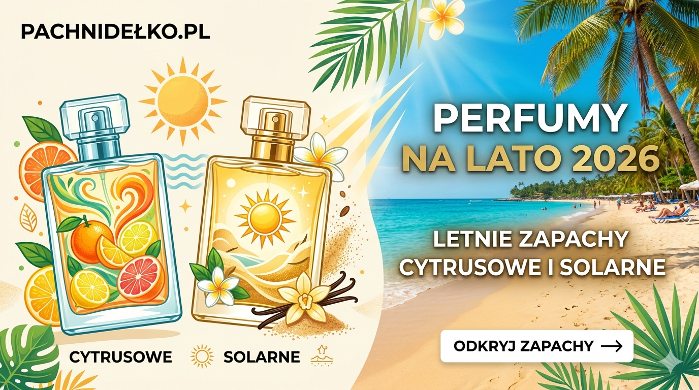 Perfumy na lato 2026 - letnie zapachy cytrusowe i solarne na tle plaży