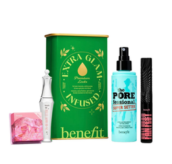 Benefit Extra Glam Infused zestaw tusz do rzęs 8.5g + spray utrwalający makijaż 30ml + żel do brwi 7ml + różowo-truskawkowy róż do policzków 2.5g