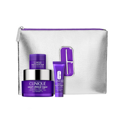 Clinique Outsmart Lines + Wrinkles zestaw przeciwstarzeniowy krem do twarzy i na szyję 50ml + przeciwstarzeniowe serum 10ml + przeciwstarzeniowy krem pod oczy 5ml + kosmetyczka