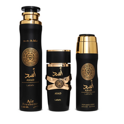 Lattafa Asad zestaw woda perfumowana spray 100ml + dezodorant spray 200ml + odświeżacz powietrza 300ml