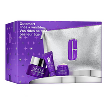 Clinique Outsmart Lines + Wrinkles zestaw przeciwstarzeniowy krem do twarzy i na szyję 50ml + przeciwstarzeniowe serum 10ml + przeciwstarzeniowy krem pod oczy 5ml + kosmetyczka
