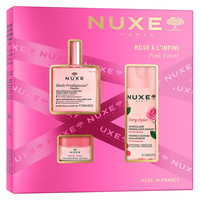 Nuxe Pink Fever zestaw suchy olejek regenerujący 50ml + łagodząca woda micelarna 3w1 100ml + różany balsam do ust 15g