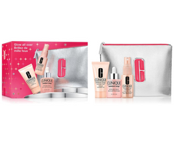 Clinique Glow All Over zestaw aktywne serum zapewniające blask 30ml + maseczka intensywnie nawilżająca 30ml + mgiełka do twarzy 30ml + kosmetyczka