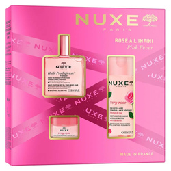 Nuxe Pink Fever zestaw suchy olejek regenerujący 50ml + łagodząca woda micelarna 3w1 100ml + różany balsam do ust 15g