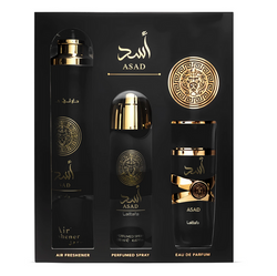 Lattafa Asad zestaw woda perfumowana spray 100ml + dezodorant spray 200ml + odświeżacz powietrza 300ml