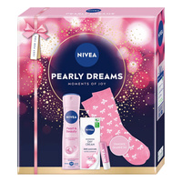 Nivea Pearly Dreams zestaw antyperspirant w sprayu 150ml + odżywczy krem na dzień SPF15 50ml + pielęgnująca pomadka do ust 4.8g + skarpetki